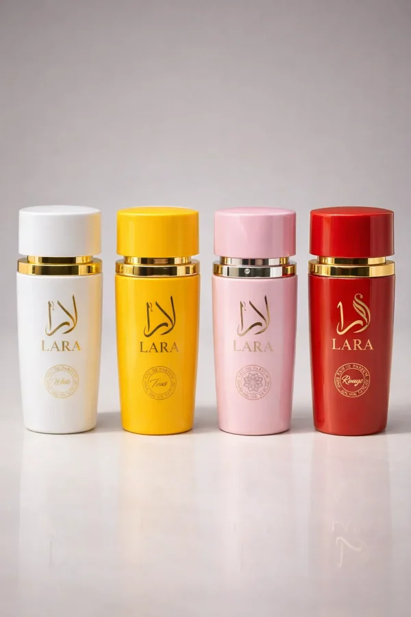 Lara White + Tous + Pink + Rouge – официално изображение Lara White Tous Pink Rouge eau de parfum комплект от четири дамски парфюма с бяла, жълта, розова и червена бутилка на бял фон