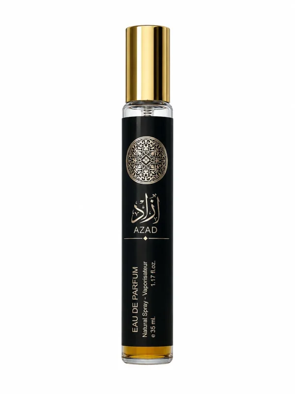 Azad Eau de Parfum 35 ml върху бял фон с елегантен черен флакон и златиста капачка.