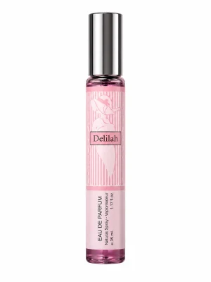 Delilah – елегантен дамски аромат Delilah Eau de Parfum 35 ml върху бял фон с розов дизайн и сребриста капачка.