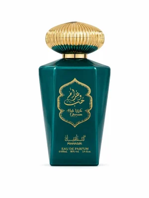 Hub Wa Gharam EDP 100 ml Hub Wa Gharam Eau de Parfum 100 ml върху бял фон с изумруденозелен флакон и златиста декоративна капачка.
