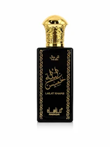 Lailat Khamis Eau de Parfum 50 ml върху бял фон с черен флакон и богато орнаментирана златиста капачка.