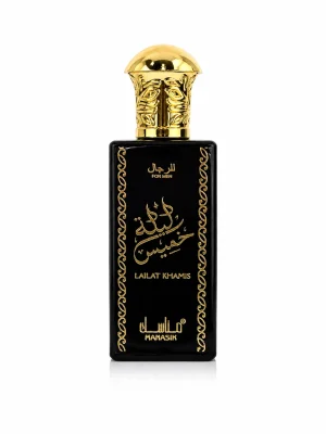 Lailat Khamis EDP 50 ml Lailat Khamis Eau de Parfum 50 ml върху бял фон с черен флакон и богато орнаментирана златиста капачка.