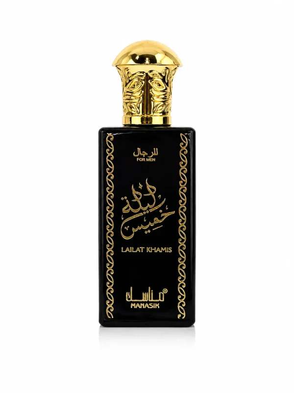 Lailat Khamis EDP 50 ml Lailat Khamis Eau de Parfum 50 ml върху бял фон с черен флакон и богато орнаментирана златиста капачка.