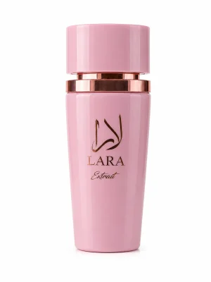 Lara Extrait EDP 100 ml Lara Extrait Eau de Parfum 100 ml върху бял фон с елегантен розов флакон и златисти детайли