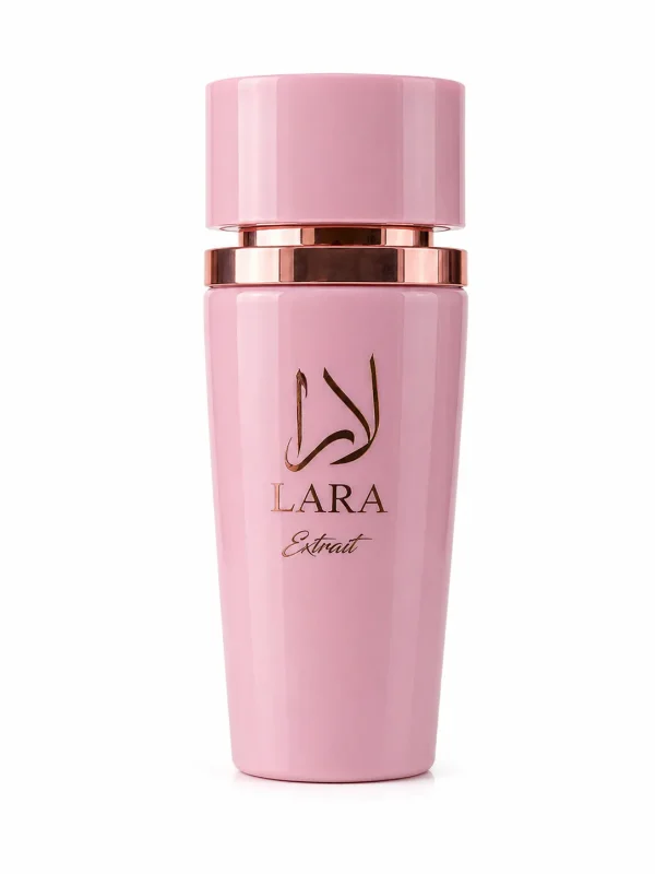 Lara Extrait Eau de Parfum 100 ml върху бял фон с елегантен розов флакон и златисти детайли