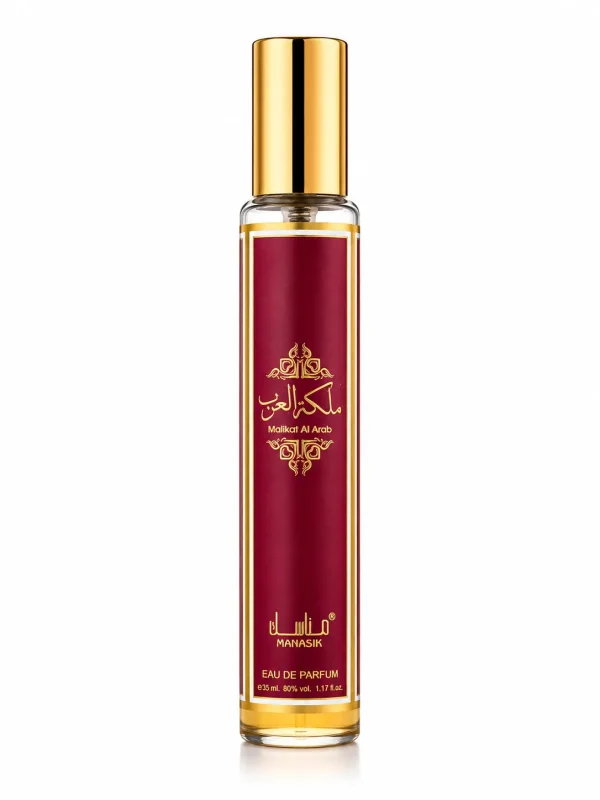 Malikat Al Arab Eau de Parfum 35 ml върху бял фон с елегантен бордо флакон и златиста капачка.