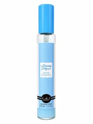 Musk Powder със свеж и елегантен дизайн Musk Powder Eau de Parfum 35 ml върху бял фон със светлосин дизайн и елегантна синя капачка. Title: Musk Powder със свеж
