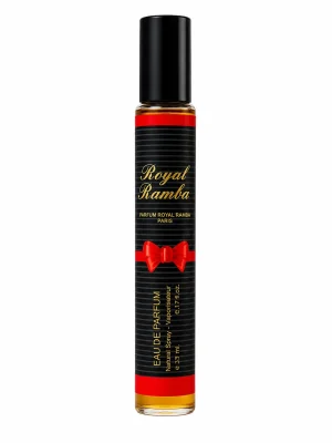 Royal Ramba EDP 35 ml Royal Ramba Eau de Parfum 35 ml върху бял фон с елегантен черен флакон с червени декоративни акценти.