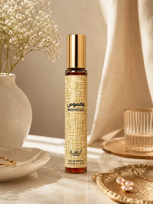 Изискан аромат за елегантното ежедневие Makhsouse Eau de Parfum 35 ml в стилна дамска обстановка с топли златисти акценти.