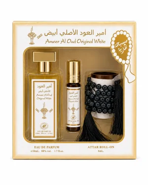 Ameer Al Oud Original White Комплект 3 части 50+6 ml на чист бял фон с Eau de Parfum, Attar Roll-On и черна броеница в бяло-златиста кутия