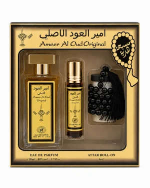 Ameer Al Oud Original Комплект 3 части 50+6 ml на чист бял фон с Eau de Parfum, Attar Roll-On и черна броеница в черно-златиста кутия