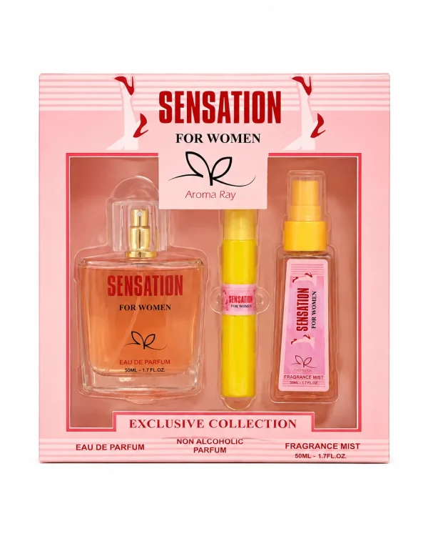 Aroma Ray Sensation For Women Комплект 3 части 50+15+50 ml на чист бял фон с розова подаръчна кутия и три ароматни продукта