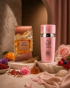 Ateeq Extrait de Parfum & Lara Pink ароматни нотки Парфюмен комплект Ateeq Extrait de Parfum & Lara Pink Eau de Parfum 2 x 100 ml с плодове, цветя, шафран, кехлибар, ванилия и дървесни ароматни нотки.