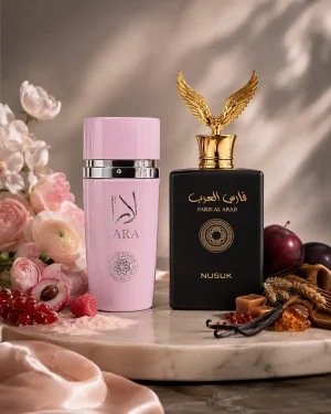 Парфюмен комплект Faris Al Arab & Lara Pink Eau de Parfum 2 x 100 ml, представен с ароматни нотки, плодове, цветя, ванилия и ориенталски акценти.