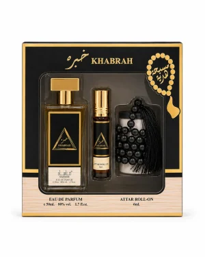 Khabrah Комплект 3 части 50+6 ml на чист бял фон с Eau de Parfum, Attar Roll-On и черна броеница в черно-златиста подаръчна кутия
