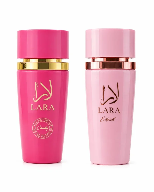 Lara Candy + Extrait Lara Candy + Lara Extrait Eau de Parfum 2 x 100 ml на бял фон