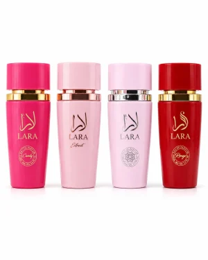 Lara Candy + Lara Pink + Lara Rouge + Lara Extrait Eau de Parfum 4 x 100 ml на бял фон