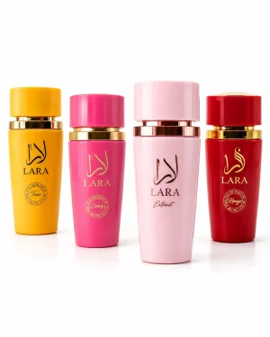 Lara Extrait + Rouge + Tous + Candy Lara Extrait + Lara Rouge + Lara Tous + Lara Candy Eau de Parfum 4 x 100 ml на бял фон