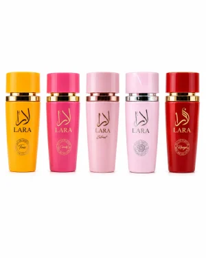 Lara Extrait + Rouge + Tous + Candy + Pink 5 x 100 ml Комплект Lara Extrait, Lara Rouge, Lara Tous, Lara Candy и Lara Pink 5 x 100 ml на бял фон.