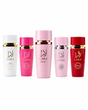 Lara Extrait + Lara Rouge + Lara White + Lara Candy + Lara Pink Eau de Parfum 5 x 100 ml на бял фон