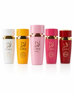 Lara Extrait + Rouge + White + Tous + Candy Lara Extrait + Lara Rouge + Lara White + Lara Tous + Lara Candy Eau de Parfum 5 x 100 ml на бял фон