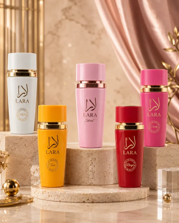 Lara Extrait + Lara Rouge + Lara White + Lara Tous + Lara Candy Eau de Parfum 5 x 100 ml в премиум рекламна композиция