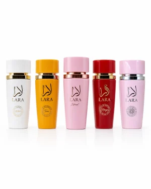 Lara Extrait + Rouge + White + Tous + Pink Lara Extrait + Lara Rouge + Lara White + Lara Tous + Lara Pink Eau de Parfum 5 x 100 ml на бял фон