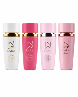 Lara Extrait + Lara White + Lara Candy + Lara Pink Eau de Parfum 4 x 100 ml на бял фон