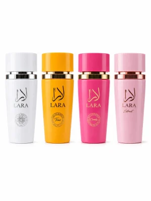 Lara Extrait + White + Tous + Candy Lara Extrait + Lara White + Lara Tous + Lara Candy Eau de Parfum 4 x 100 ml на бял фон