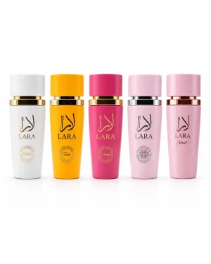Lara Extrait + White + Tous + Candy + Pink 5 x 100 ml Комплект Lara Extrait, Lara White, Lara Tous, Lara Candy и Lara Pink 5 x 100 ml на бял фон.