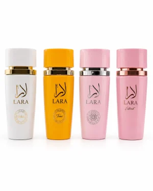 Lara Extrait + Lara White + Lara Tous + Lara Pink Eau de Parfum 4 x 100 ml на бял фон