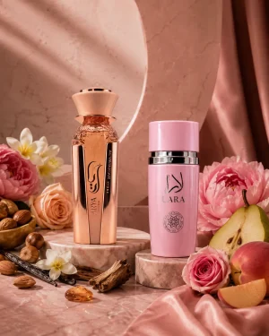 Lara Pink & Arya Peony Rose ароматни нотки Парфюмен комплект Lara Pink Eau de Parfum & Arya Peony Rose Eau de Parfum 2 x 100 ml с круша, праскова, рози, божур, лешници, ванилия и дървесни ароматни нотки.