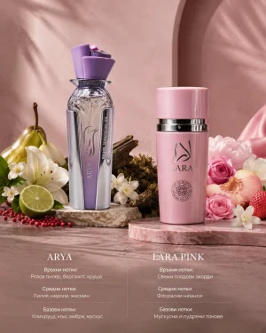 Lara Pink & Arya ароматни нотки Парфюмен комплект Lara Pink Eau de Parfum & Arya Eau de Parfum 2 x 100 ml с круша, бергамот, малина, касис, жасмин, лилия, роза, ванилия, амбра и мускус.