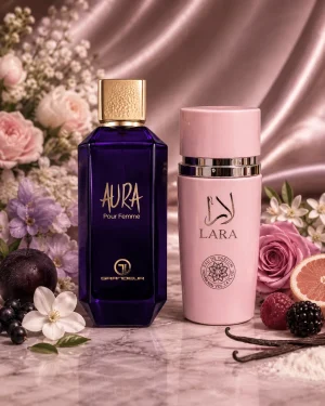 Lara Pink & Aura ароматни нотки Парфюмен комплект Lara Pink Eau de Parfum & Aura Pour Femme Eau de Parfum 2 x 100 ml с бергамот, грейпфрут, касис, малина, жасмин, роза, ванилия, кедрово дърво и мускус.