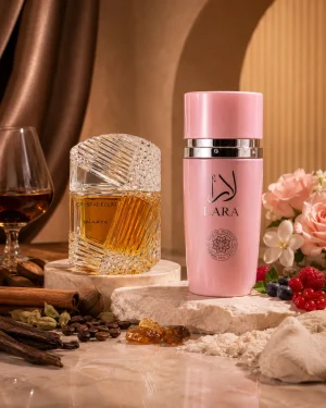 Парфюмен комплект Lara Pink Eau de Parfum & Crystal Eclat Eau de Parfum Inaaya 2 x 100 ml с плодове, цветя, ванилия, кехлибар, кафе, подправки и дървесни ароматни нотки.