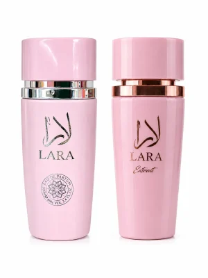 Lara Pink + Extrait Lara Pink + Lara Extrait Eau de Parfum 2 x 100 ml на бял фон