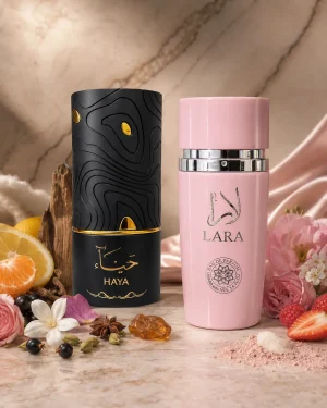 Lara Pink + Haya Eau de Parfum – Manasik + Al Absar 2 x 100 ml – флакон в луксозна сцена Lara Pink + Haya Eau de Parfum – Manasik + Al Absar 2 x 100 ml – флакон в луксозна сцена
