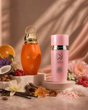 Lara Pink + Milele Eau de Parfum – Manasik + Al Wataniah 2 x 100 ml – флакон в луксозна сцена Lara Pink + Milele Eau de Parfum – Manasik + Al Wataniah 2 x 100 ml – флакон в луксозна сцена