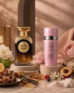 Парфюмен комплект Lara Pink Eau de Parfum & Sahra Eau de Parfum 2 x 100 ml с бергамот, лимон, кардамон, жасмин, роза, ванилия, кехлибар, уд и дървесни ароматни нотки.
