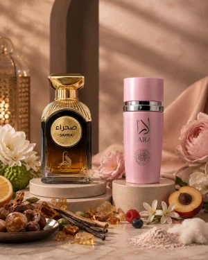 Lara Pink + Sahra Eau de Parfum – Manasik + Al Absar 2 x 100 ml – флакон в луксозна сцена Lara Pink + Sahra Eau de Parfum – Manasik + Al Absar 2 x 100 ml – флакон в луксозна сцена