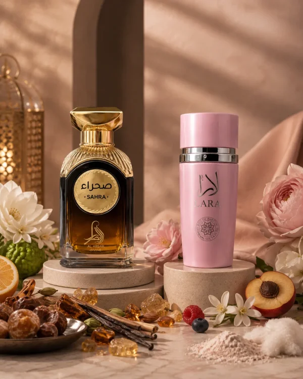 Lara Pink & Sahra ароматни нотки Парфюмен комплект Lara Pink Eau de Parfum & Sahra Eau de Parfum 2 x 100 ml с бергамот, лимон, кардамон, жасмин, роза, ванилия, кехлибар, уд и дървесни ароматни нотки.