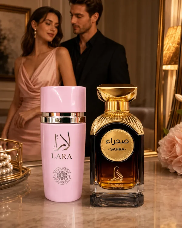 Lara Pink & Sahra луксозен комплект Парфюмен комплект Lara Pink Eau de Parfum & Sahra Eau de Parfum 2 x 100 ml в романтична луксозна обстановка, подходящ за подарък и специални поводи.