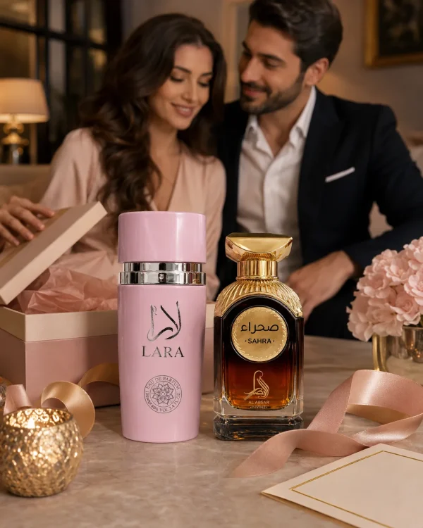 Lara Pink & Sahra романтичен подарък Парфюмен комплект Lara Pink Eau de Parfum & Sahra Eau de Parfum 2 x 100 ml в луксозна подаръчна сцена, подходящ за специален повод.
