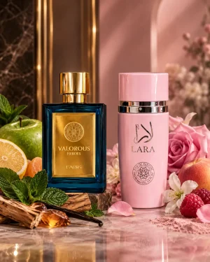 Парфюмен комплект Lara Pink Eau de Parfum & Valorous Heroes Eau de Parfum 2 x 100 ml с бергамот, лимон, зелена ябълка, малина, жасмин, роза, лавандула, ванилия, амбра и мускус.