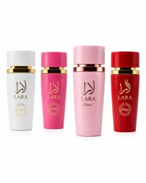 Lara White + Lara Candy + Lara Rouge + Lara Extrait Eau de Parfum 4 x 100 ml на бял фон