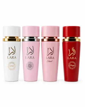 Lara White + Pink + Rouge + Extrait Lara White + Lara Pink + Lara Rouge + Lara Extrait Eau de Parfum 4 x 100 ml на бял фон