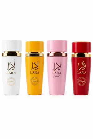 Lara White + Tous + Rouge + Extrait Lara White + Lara Tous + Lara Rouge + Lara Extrait Eau de Parfum 4 x 100 ml на бял фон
