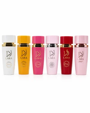 Lara комплект 6 x 100 ml – официално изображение Комплект Lara Extrait, Lara Rouge, Lara White, Lara Tous, Lara Candy и Lara Pink 6 x 100 ml на бял фон
