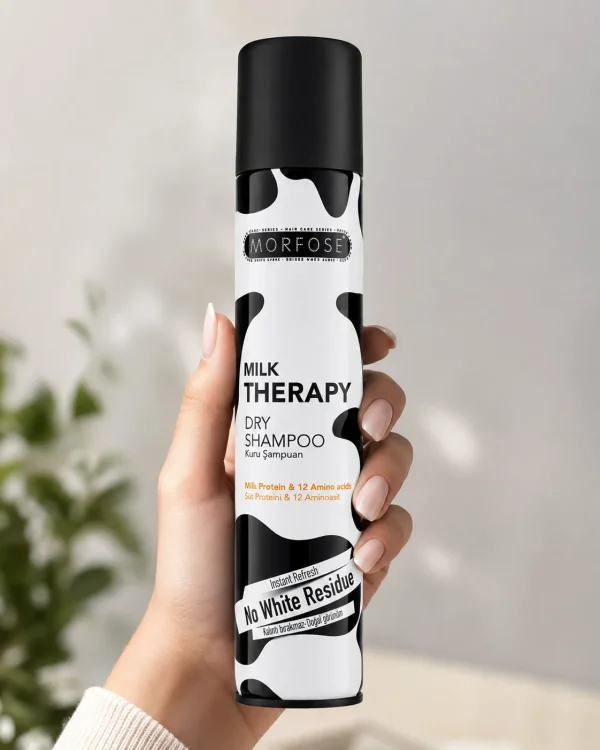 Morfose Milk Therapy сух шампоан с млечен протеин и 12 аминокиселини в ръка Morfose Milk Therapy сух шампоан с млечен протеин и 12 аминокиселини, държан в женска ръка