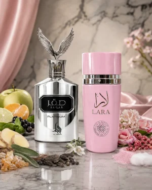Saqar Platinum + Lara Pink ароматни нотки Saqar Platinum + Lara Pink Eau de Parfum 2 x 100 ml с подбрани ароматни нотки, вдъхновени от двата парфюма
